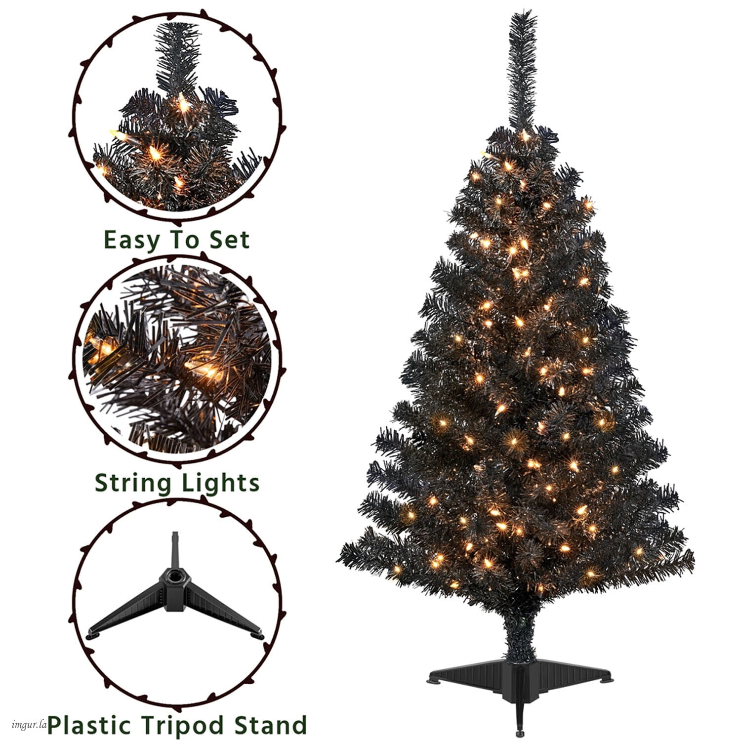 Alden Design 4FT Artificial Pre-lit Christmas Fir Tree with Foldable Stand,70 LED Warm Lights,Black