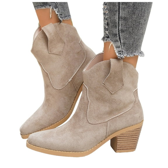 Rokment Cowboy Ankle Boots for Women Fashion Casual Solid Suede Pointed Toe Chunky Block High Heel Wide Calf Slip on Cowgirl Dress Short Booties Fall Winter Beige Size 6