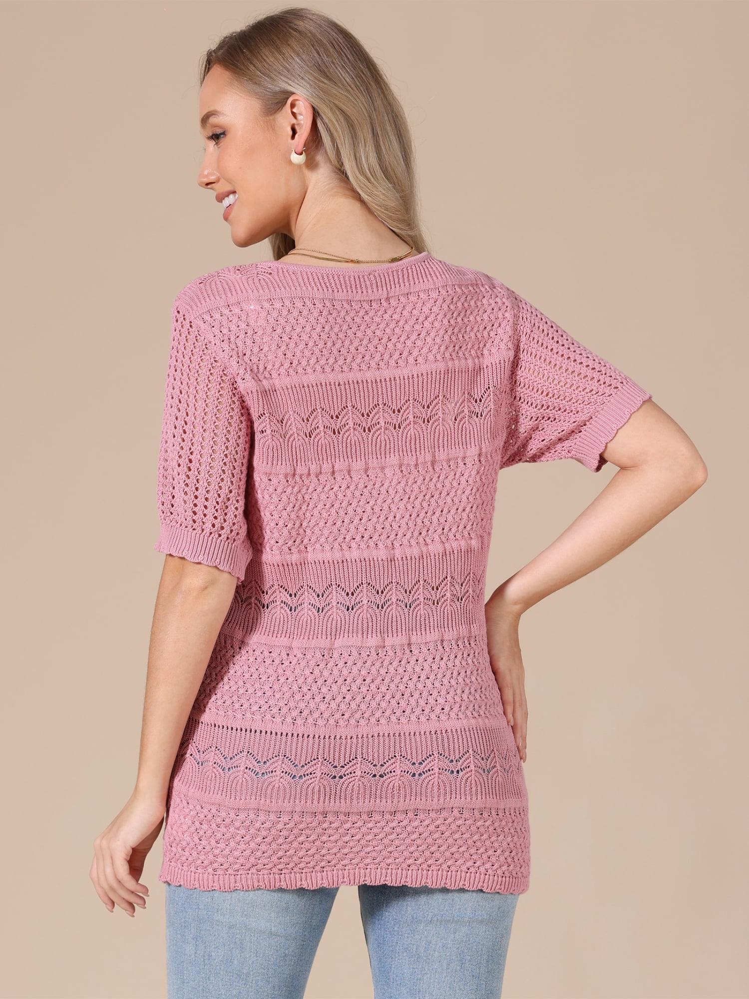 DARING DIVA Women's Crochet Tops Lightweight Short Sleeve Pullover Knit Blouses S Pink