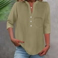 thumbnail image 2 of V-Neck T-Shirts for Women Plus Size Front Button-up 3/4 Sleeve Summer Tops Casual Loose 3 Quarter Length Sleeve Blouses Shirts with Chest Pockets New B-Green-a S, 2 of 7
