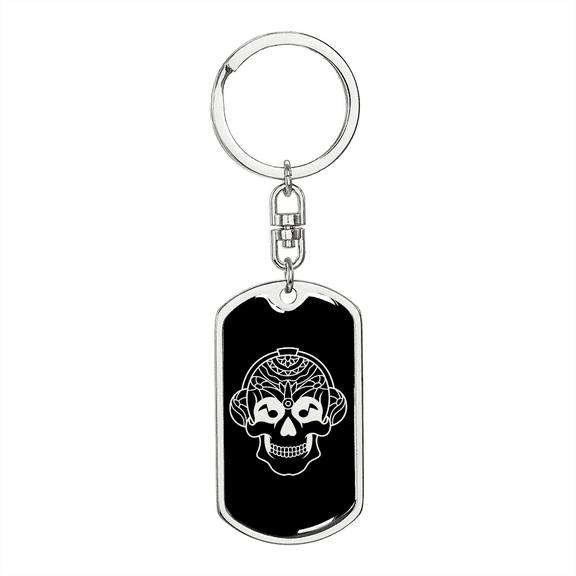 Calavera Mexican Sugar Skull 24 Stainless Steel or 18k Gold Premium Swivel Dog Tag Keychain