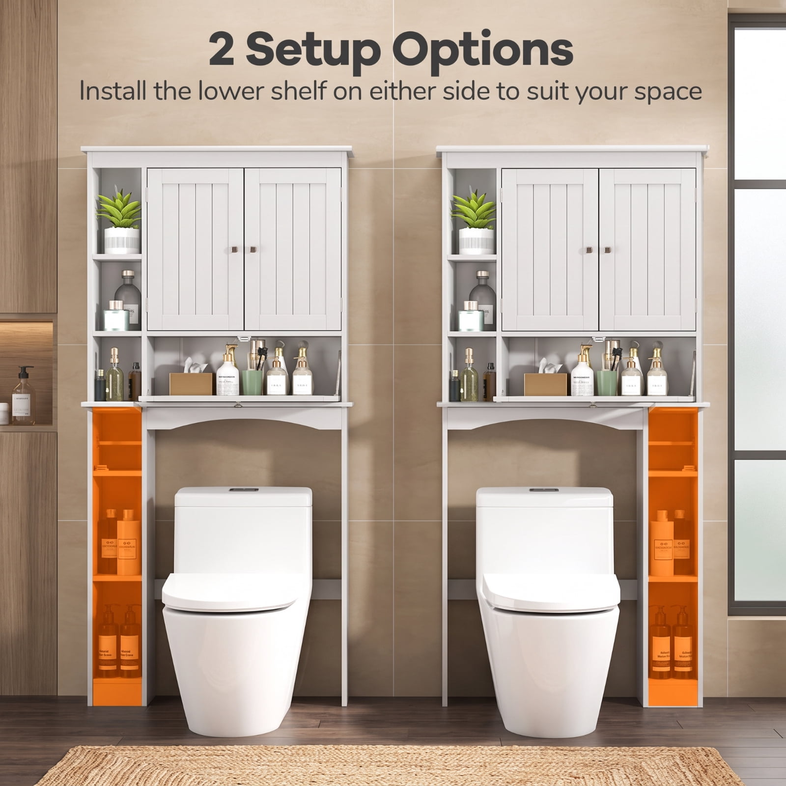 Vebreda Over the Toilet Storage Cabinet with Adjustable Shelf and Bottom Bar and Tissue Box for Bathroom Space Saving Organizer, White