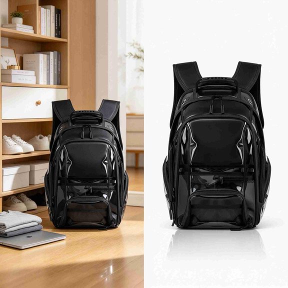 Goowood Clear Backpack Heavy Duty Stadium Approved Clear Bag Large Capacity Transparent Backpack for Travel Work Concerts Festivals Black
