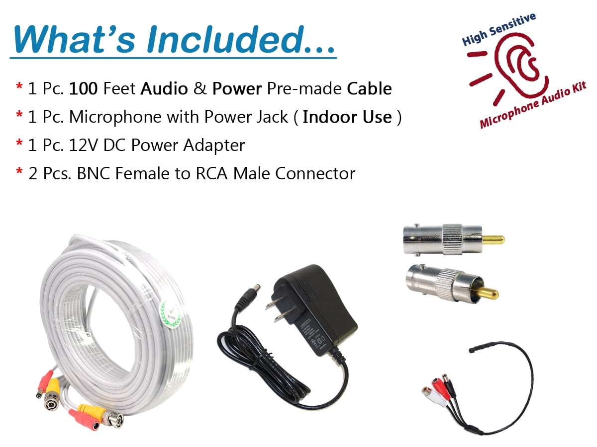 Evertech CCTV Microphone Kit with 100 Feet Pre-made CCTV Cable and 12V DC Power Supply
