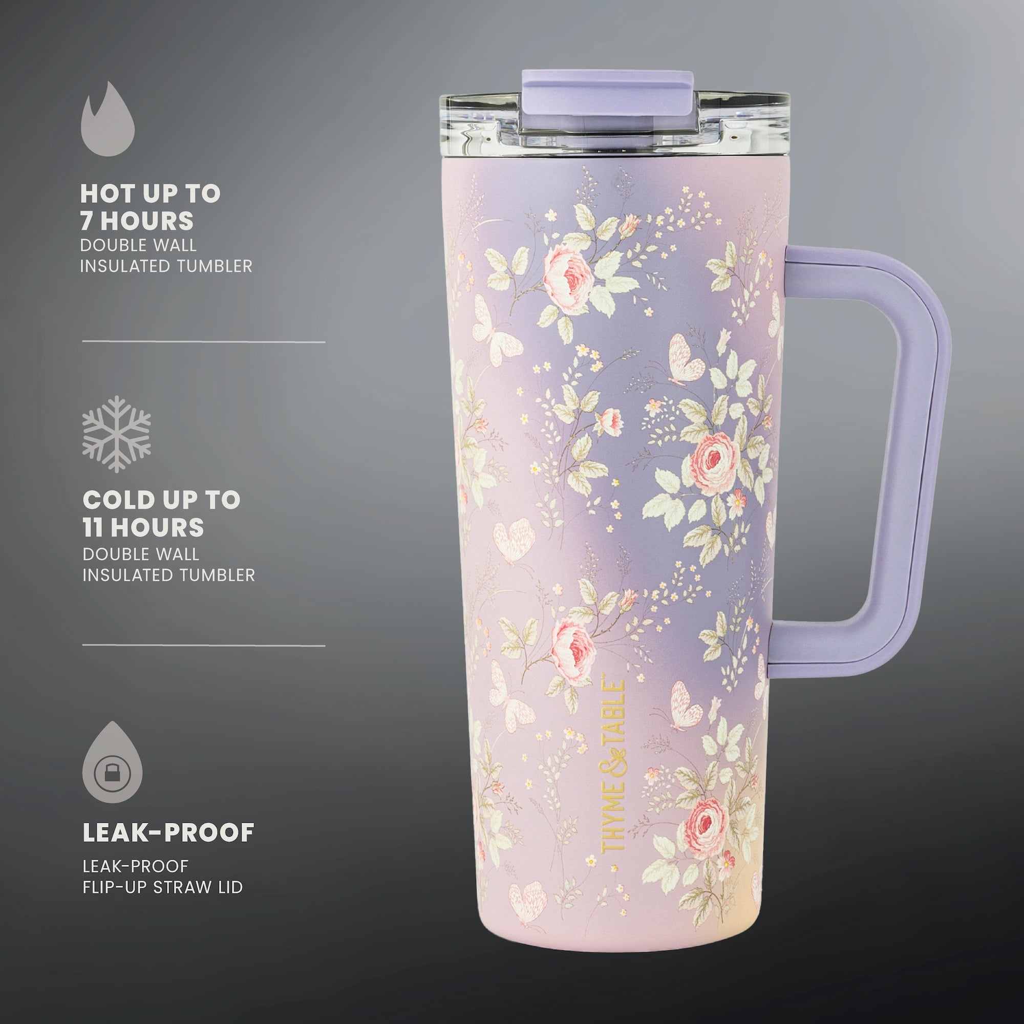 Thyme & Table 24oz Stainless Steel Luna Tumbler with Handle and Dual Straw Lid, Garden