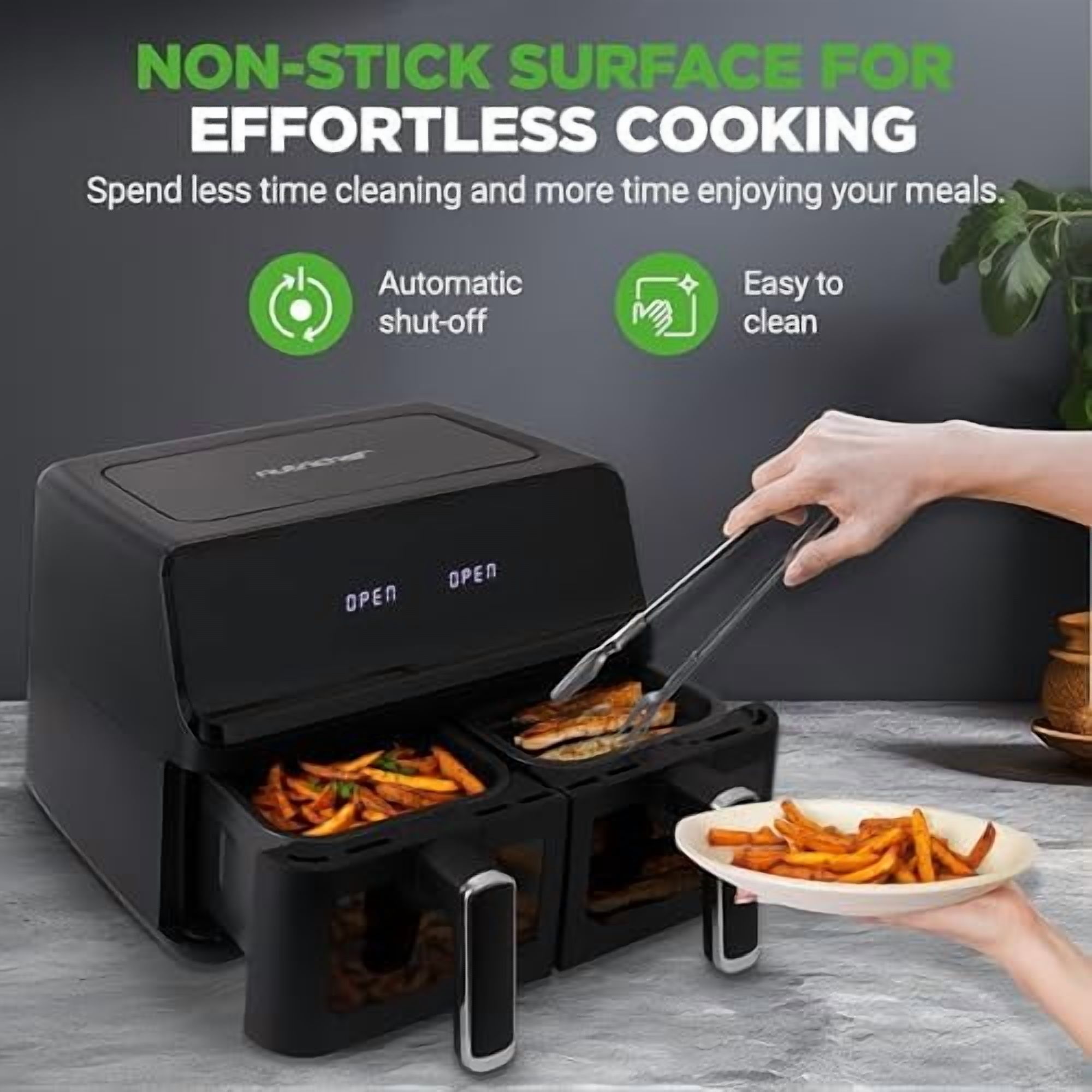 NutriChef Double Basket Air Fryer 8.8 QT Family Size Oil Free Digital Cooker with Transparent Window 9-1 Preset Cooking Options 360 Hot Air Circulation Technology 4.4 QTs per Basket Black