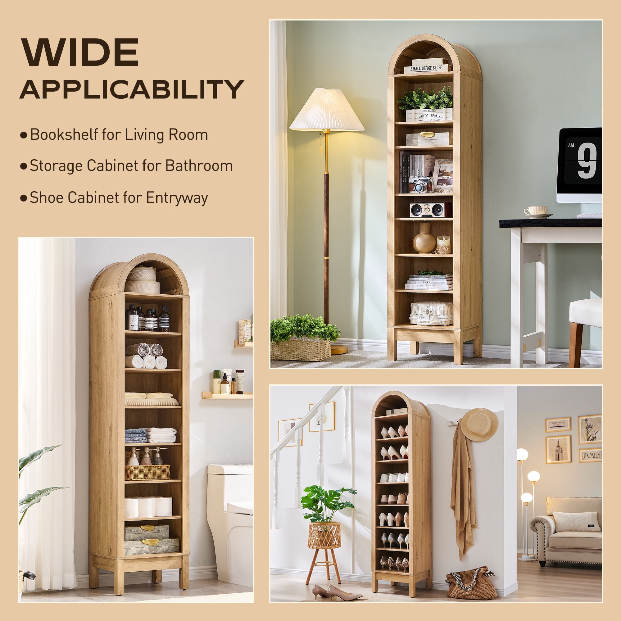 SinCiDo Arched Bookshelf, 8-Tier Open Shelf Bookcase, Medium Density Fiberboard