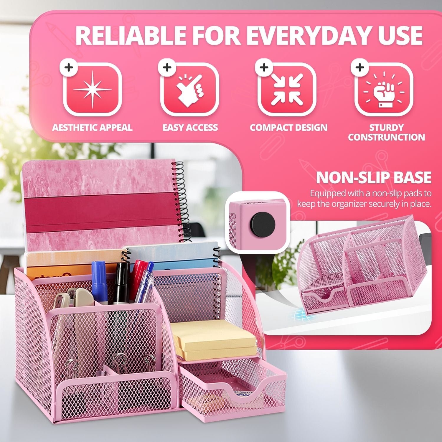 Desk Organizer Office Supplies Accessories Desktop Tabletop Sorter Shelf Pencil Holder Caddy Set - Metal Mesh with Drawer and 6 Compartments (Pink)