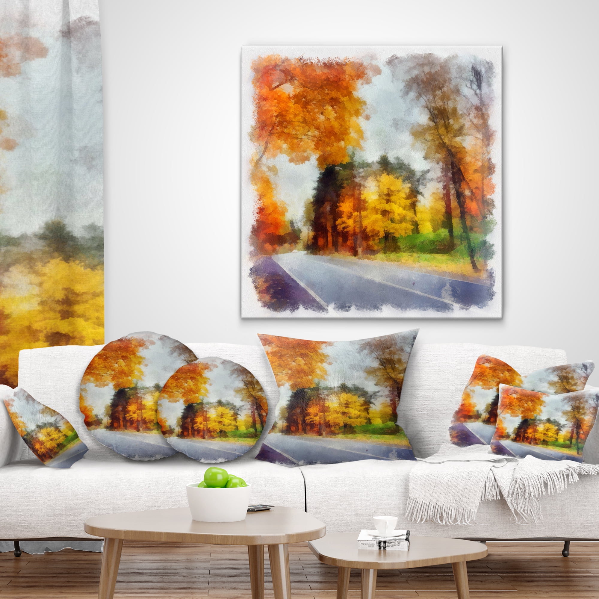Designart Road and Forest Sketch Watercolor - Landscape Printed Throw Pillow - 12x20