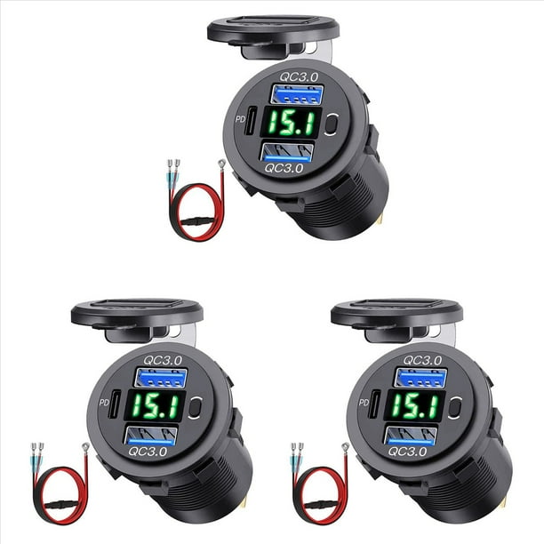 3X Tomacorriente USB de 12 V, Carga Rápida Dual con Voltímetro e Interruptor de Encendido, Adaptador de Cargador USB Multifunción para Automóvil, Camión Marino
