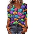 thumbnail image 3 of Ladies 3/4 Sleeve Fashion Tops Halloween V Neck Fall Outfits Pumpkin Print Shirts, 3 of 5