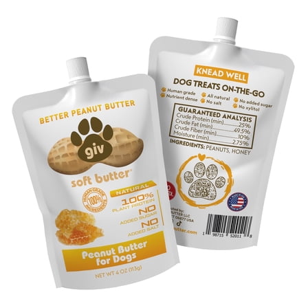 giv All Natural Peanut Butter for Dogs, 4oz Pouch, pack of 6, Training Treat