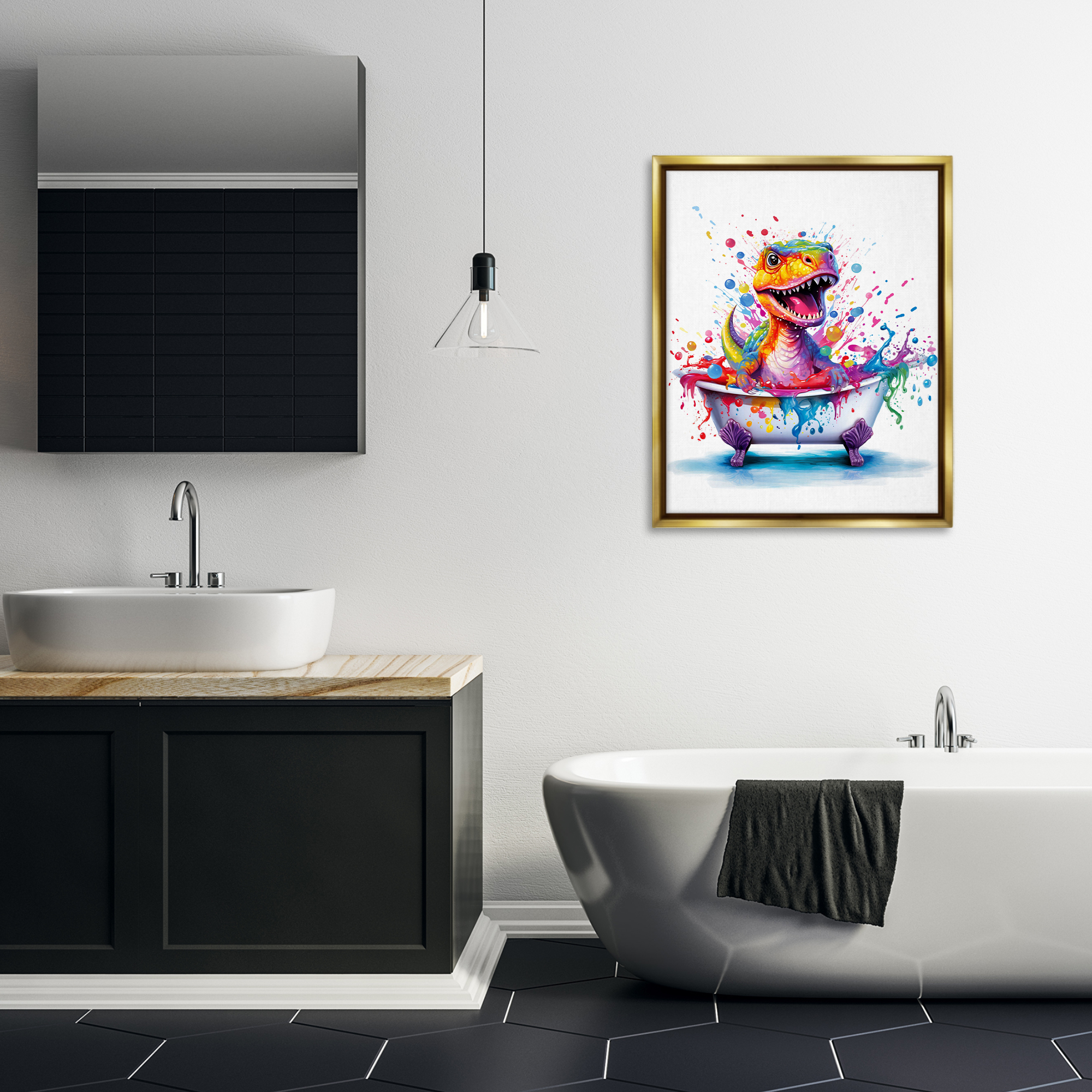 Stupell Industries Modern Splatter Dino Typography Painting Gold Floater Framed Canvas Art Print Wall Art, 25 x 31