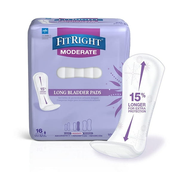 FitRight Bladder Control Incontinence Pads for Women, Long, Moderate Absorbency, 3.5 x 12.5in, 144 Count