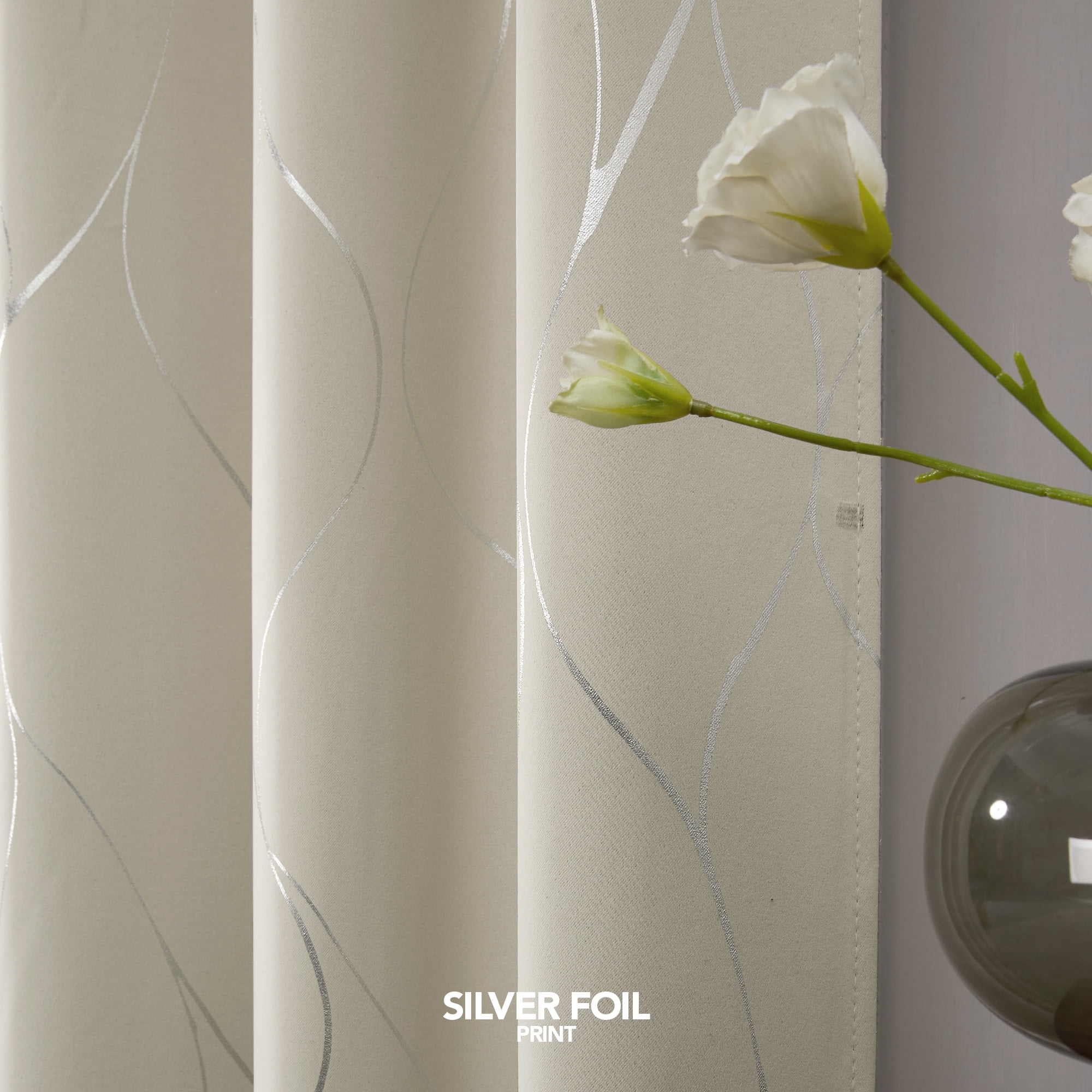 Deconovo Blackout Wave Foil Print Room Darkening Thermal Insulated Curtain 52W x 63L inch, 2 Panels, Light Beige