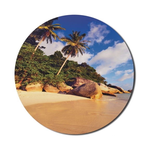 Palm Tree Mouse Pad for Computers, Tropical Beach Serenity in Nature Exotic Fruit Coconut Rocks Seascape Print, Round Non-Slip Thick Rubber Modern Gaming Mousepad, 8" Round, Green Brown, by Ambesonne