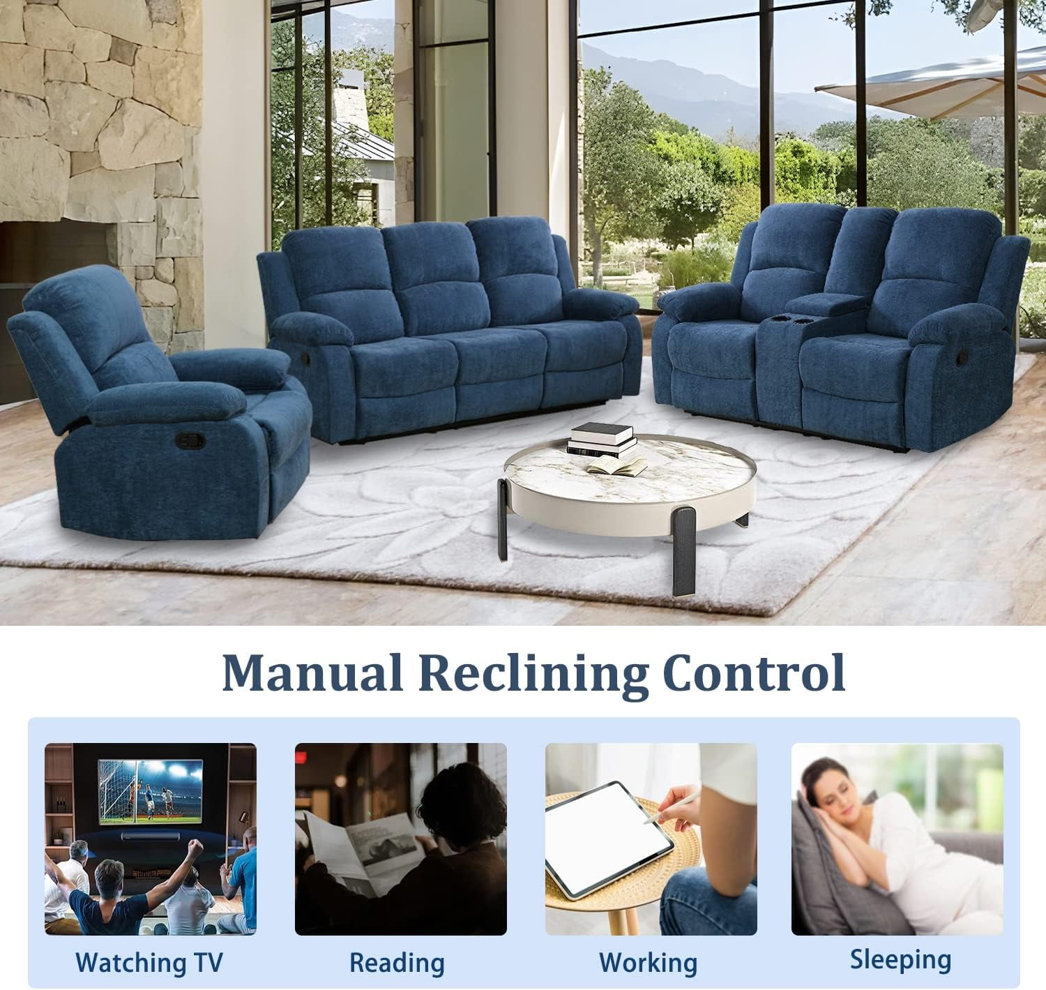 Recliner Sofa Set Living Room Furniture, Microfiber Fabric Reclining Sofa Set, Recliner Couch Set with Cup Holders for Office Home (3 Piece Living Room Furniture Set, Blue)