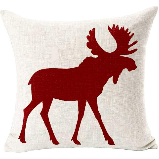 Housse de Coussin Carrée en Coton Lin Écossais Rouge Élan Animal 18"x 18 Pouces