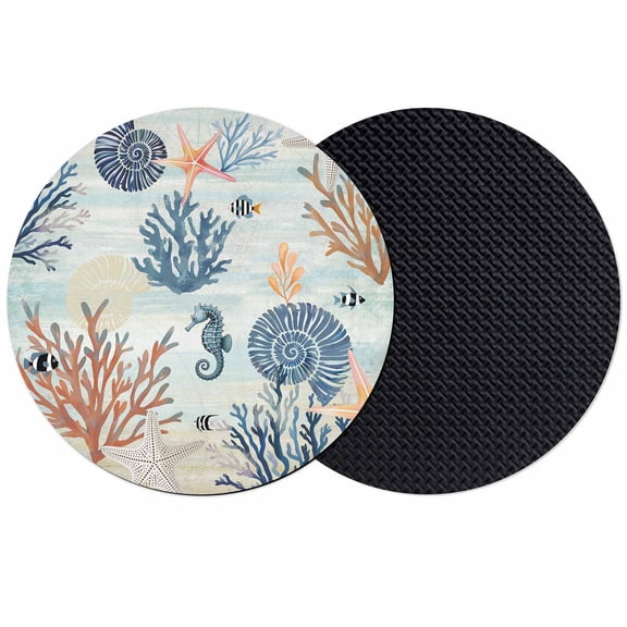 Blue Coastal Coasters Set of 2, Absorbent Coasters for Drinks, Summer Beach Coral Shell Starfish Seahorse Coaster for Desk Coffee Table Protection, Home Decor House Warming Gifts 4"