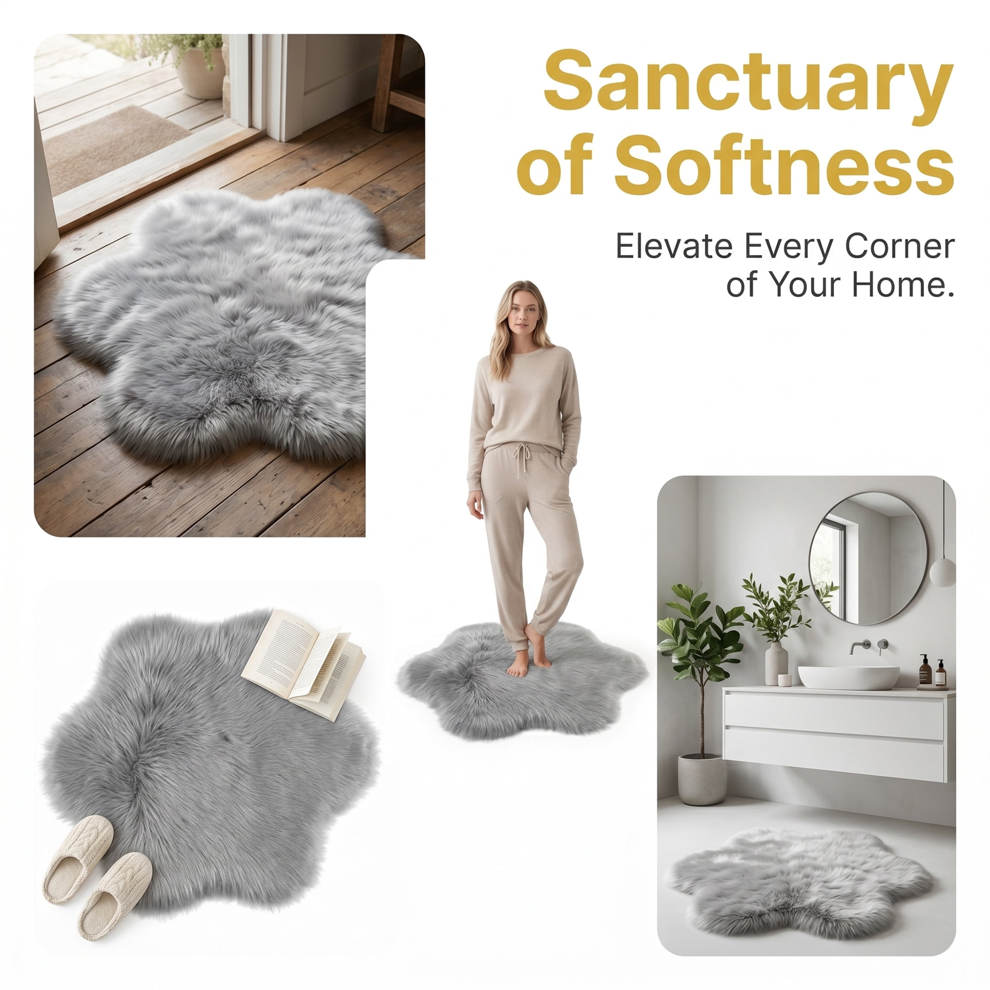 Unique Bargains Shaggy Flower Area Rug Fluffy Non-Slip Fuzzy Carpet 20" x 20" Light Gray