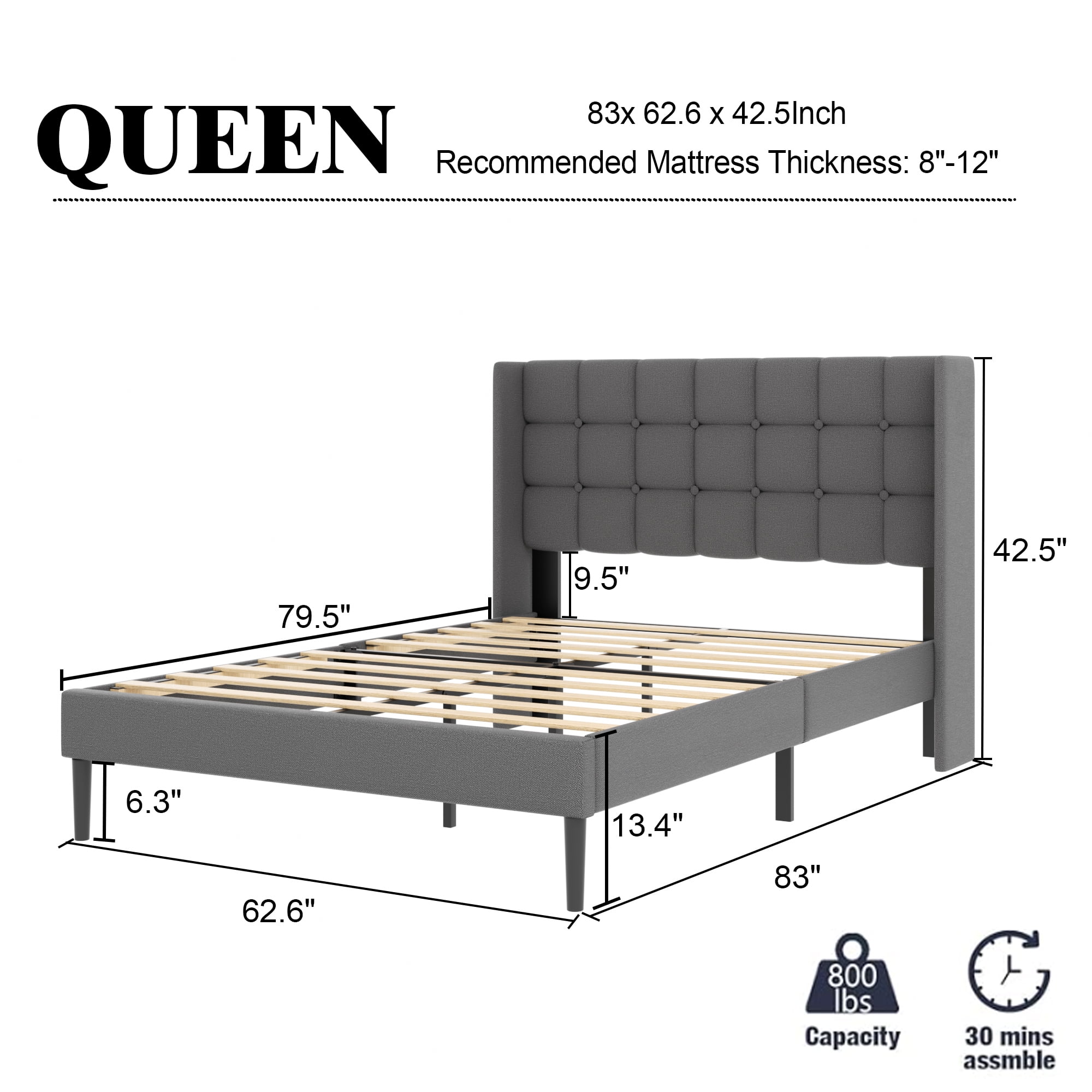VIPLOV Queen Bed Frame , Modern Platform Bed Frame with Headboard and Upholstered Wingback, Easy Assembly,Dark Gray
