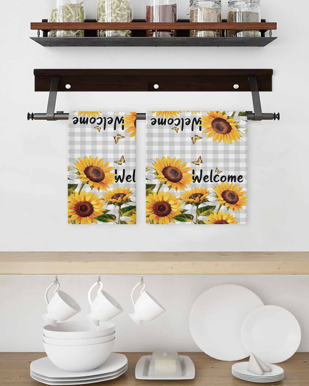Yellow Sunflower Kitchen Dish Towels for Drying Dishes Set of 2, Butterfly Grey Buffalo Plaid Spring Waffle Weave Microfiber Terry Hand Tea Bathroom Towels Quick Dry & Absorbent Towel 15.7x23.6