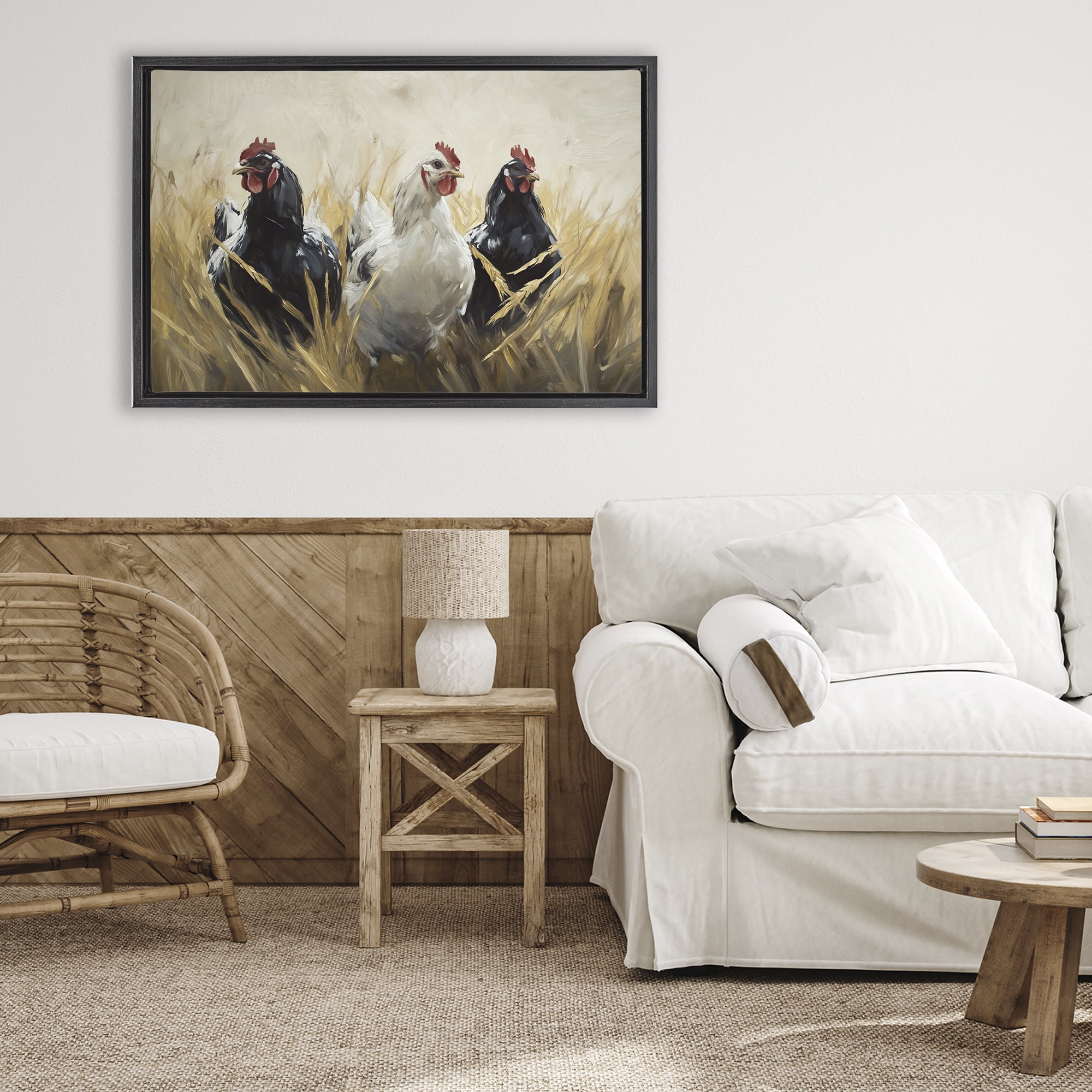 Stupell Industries Chickens In Wheat Field Black Framed Floater Canvas Wall Art, design by Tina LeCour