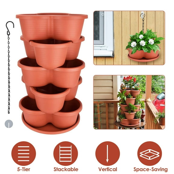 5-Tier Outdoor Vertical Stackable Planter for Strawberries Flowers Herbs Vegetables, Stackable Garden Planter Tower Gardening Pots
