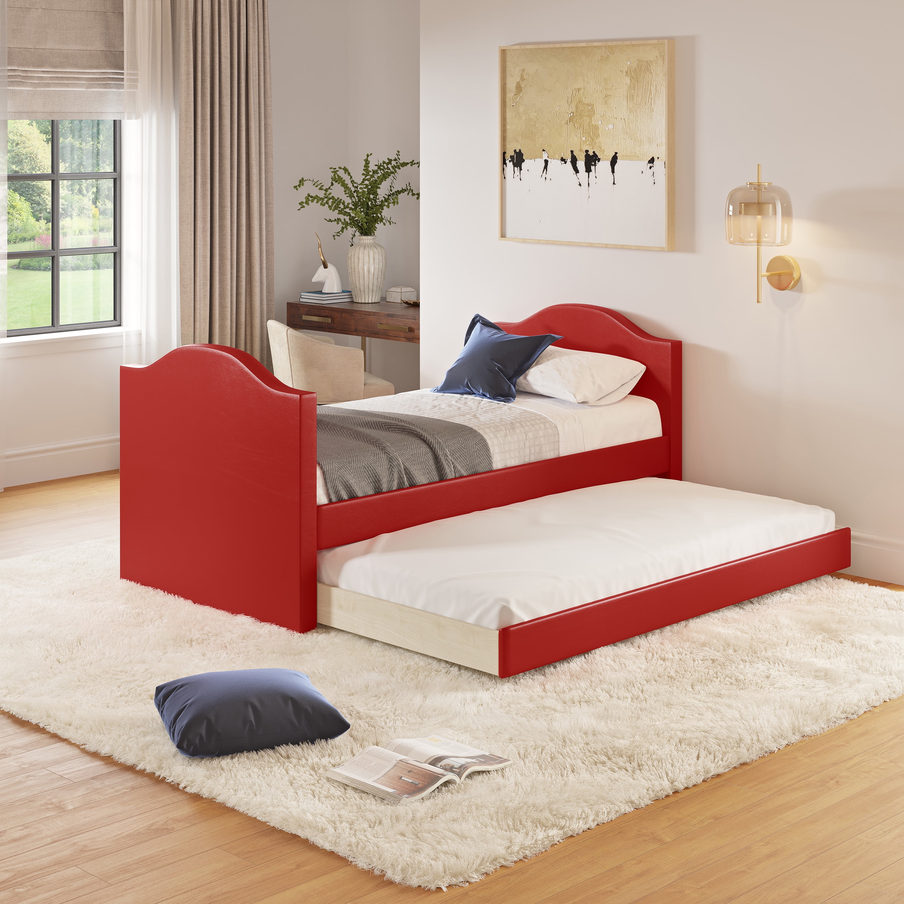 Premier Melissa Red Upholstered Faux, Leather Daybed With Pop Up Trundle
