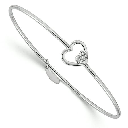 925 Sterling Silver Cubic Zirconia Cz Heart Flexible Bangle Bracelet Cuff Expandable Stackable Hook Clasp