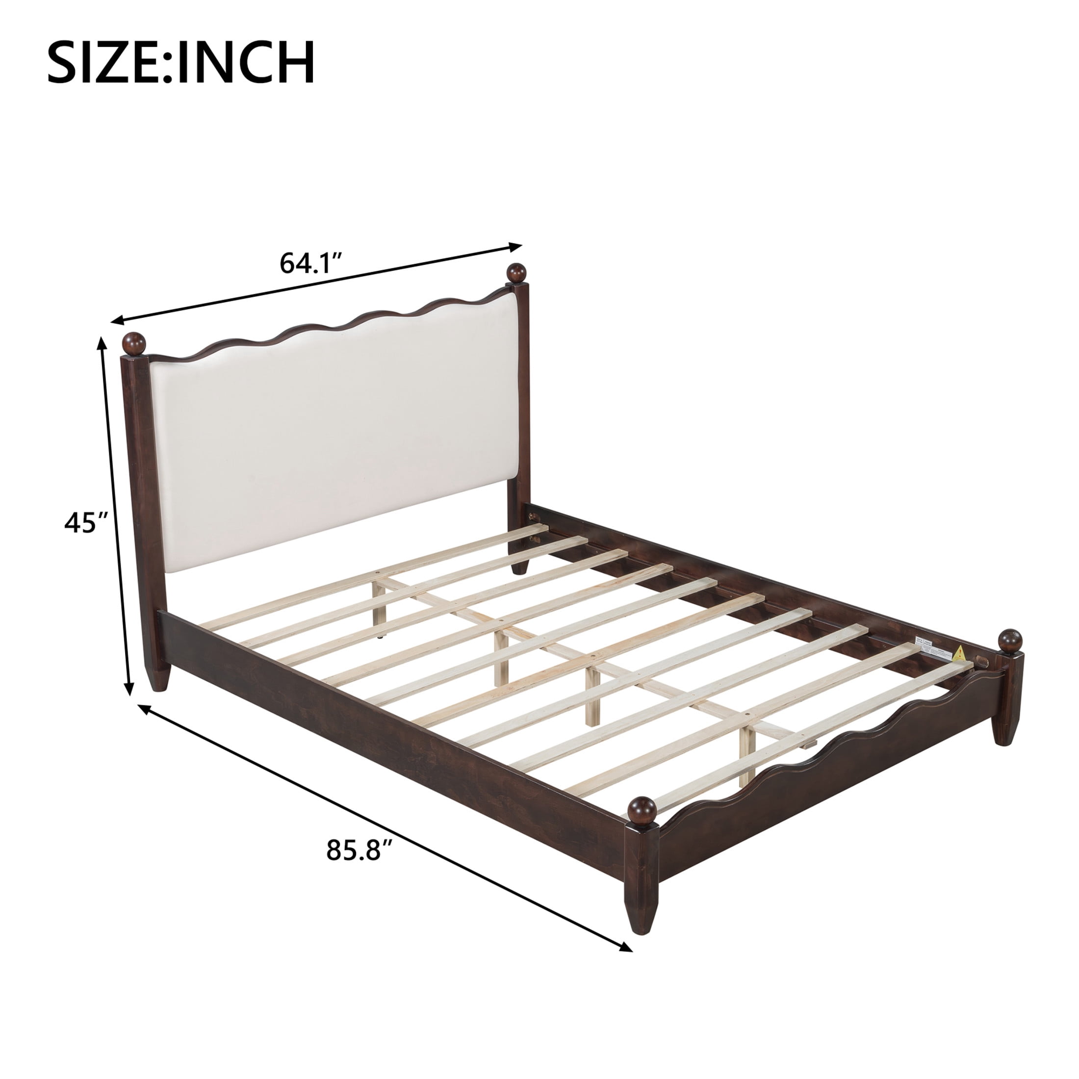 Noble House Lorven Queen Size Platform Bed with Scalloped Upholstered Headboard, Pine Wood Frame, Beige & Espresso