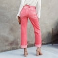 thumbnail image 5 of LWavelet Women High Waisted Cropped Straight Jeans Khaki Washed Distressed Frayed Hem Denim Pants Casual Streetwear Trousers Pink XL, 5 of 6