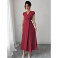 thumbnail image 5 of Burgundy Womens V-Neck Ruched Waist Pleated Maxi Dress With Drop Shoulder Sleeve, 5 of 6