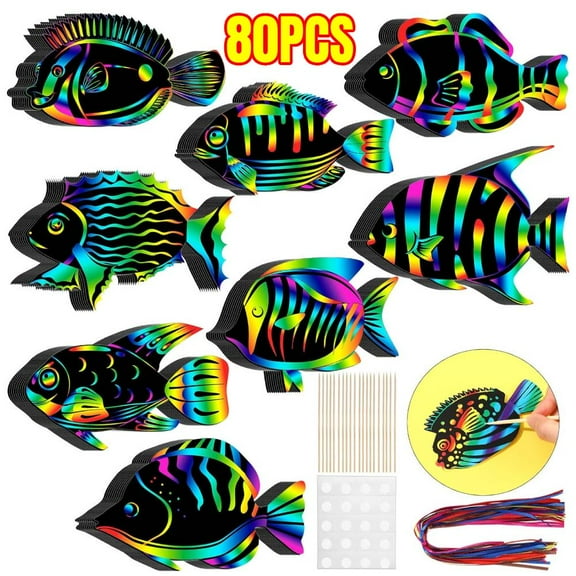 80 Pieces Tropical Fish Scratch Card for  Rainbow Ocean Fish Paper Crafts Sea Animal Ornament Under The Sea Party Favors with Wooden Stick and Ribbon for Summer Party DIY Supplies
