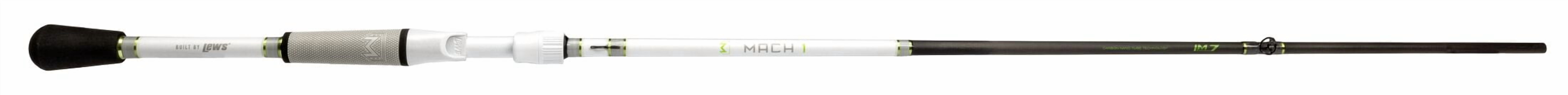 Lew’s MACH 1 Casting Fishing Rod, 7-Foot 2-Inch, 2-Piece IM7 Graphite Rod with Medium-Heavy Power and Fast Action, Winn Dri-Tac Split-Grip, Graphite Skeletal Reel Seat, White/Black/Green