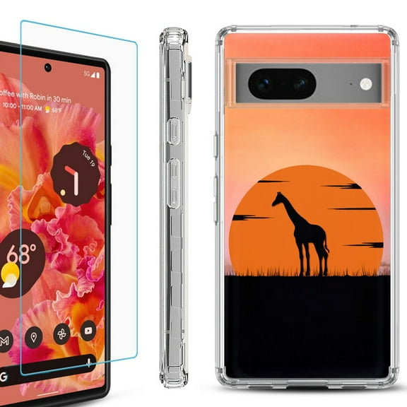 OneToughShield ® for Google Pixel 7a Shockproof Bumper Phone Case, with Tempered Glass Screen Protector - Sunset Giraffe