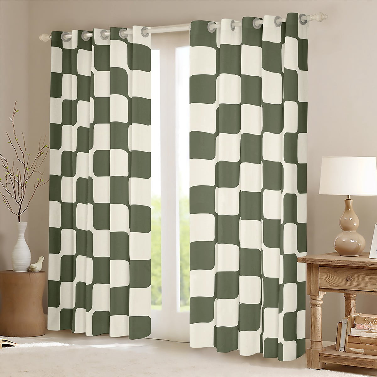 Manfei Geometric Plaid Curtains Pack of 2 (38x54),Modern Minimalist Art Black Out Curtains,Green Beige Curtains for Living Room,Breathable Room Decorative