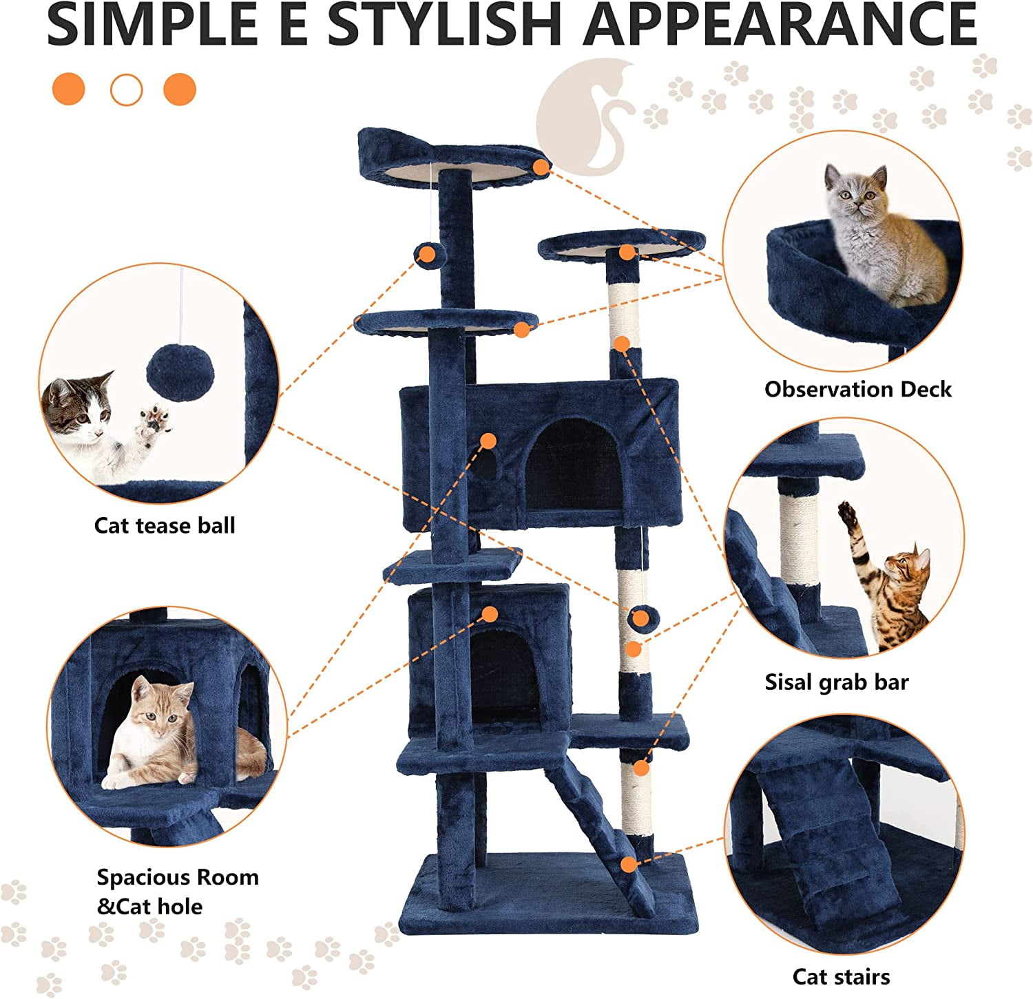 Bestpet 54-inch Cat Tree Tower, Standing House Cat Condo with Scratch Stay and Fun Toys, Navy Blue