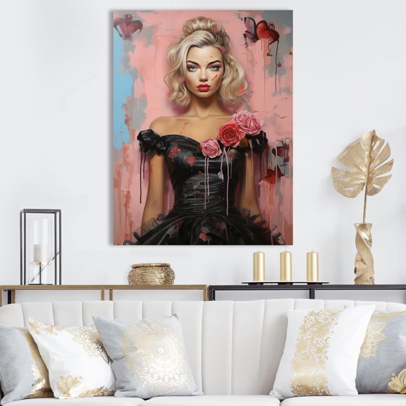 Designart "Glamorous Blonde Woman Portrait I" Fashion Canvas Wall Art - Glam Pink Woman Hallway Wall Art Decor