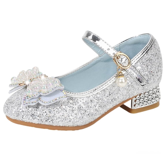 ZACPNCV Girls Pearl Bow Sparkly Heels Princess Dress Low Heel Pageant Wedding Performance Shoes