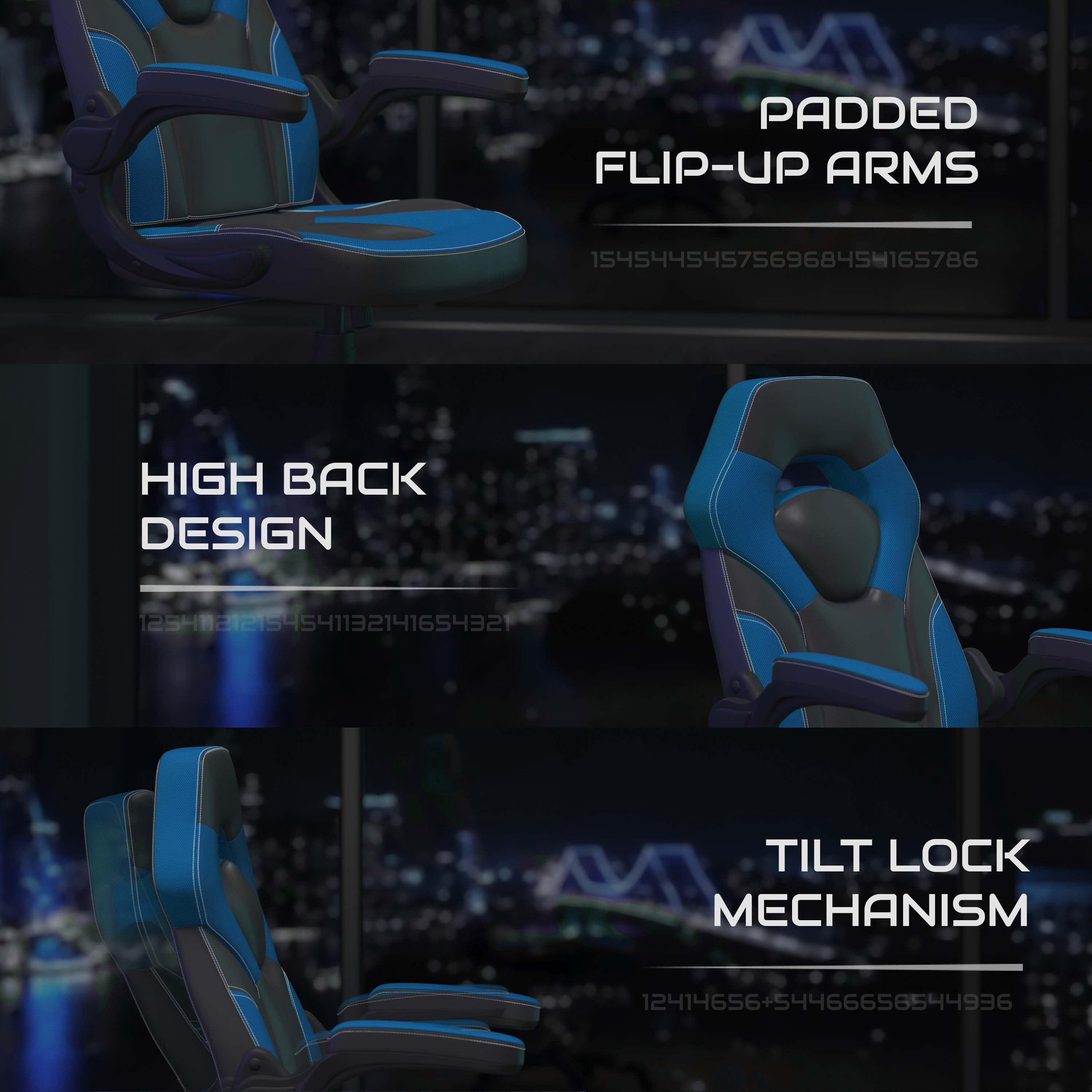 BlackArc High Back Gaming Chair with Blue and Black Faux Leather Upholstery, Height Adjustable Swivel Seat & Padded Flip-Up Arms