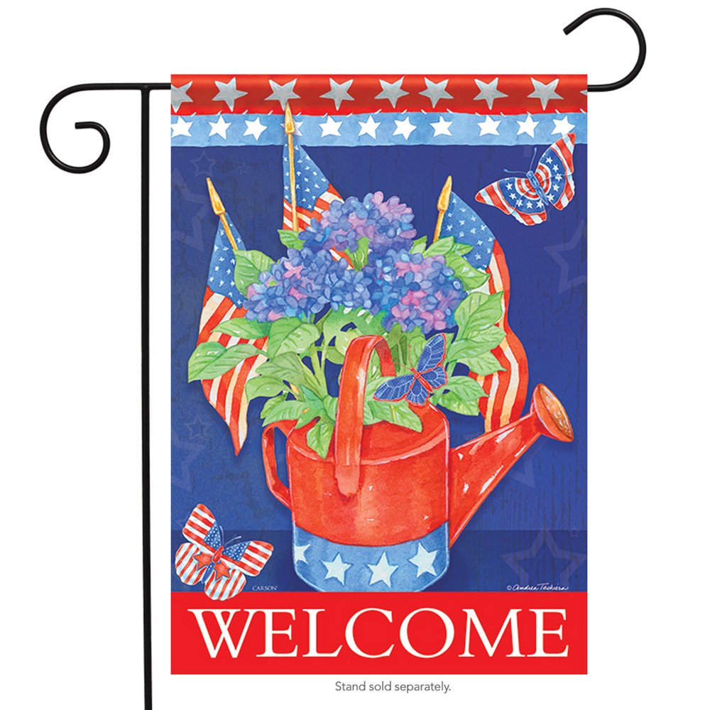 Hydrangeas & Flags Garden Flag Floral Stars Butterfly Patriotic 13"x18"