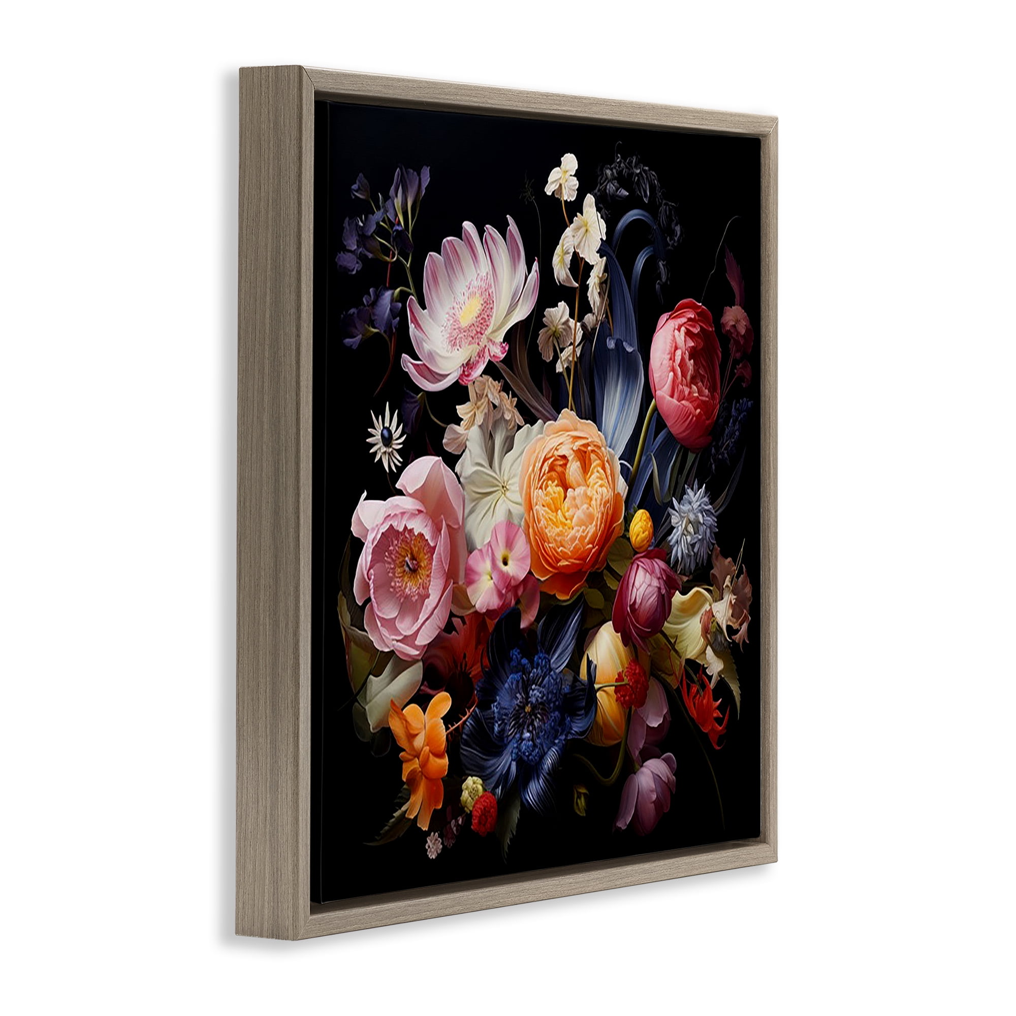 Stupell Industries Vintage Dark Bouquet Plants & Flowers Painting Brown Floater Framed Canvas Art Print Wall Art, 18 x 18
