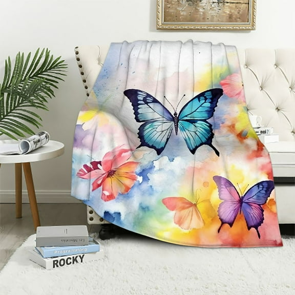 COMIO Super Soft Flannel Blanket Throw (Universal 1) Pink Butterfly Picture White