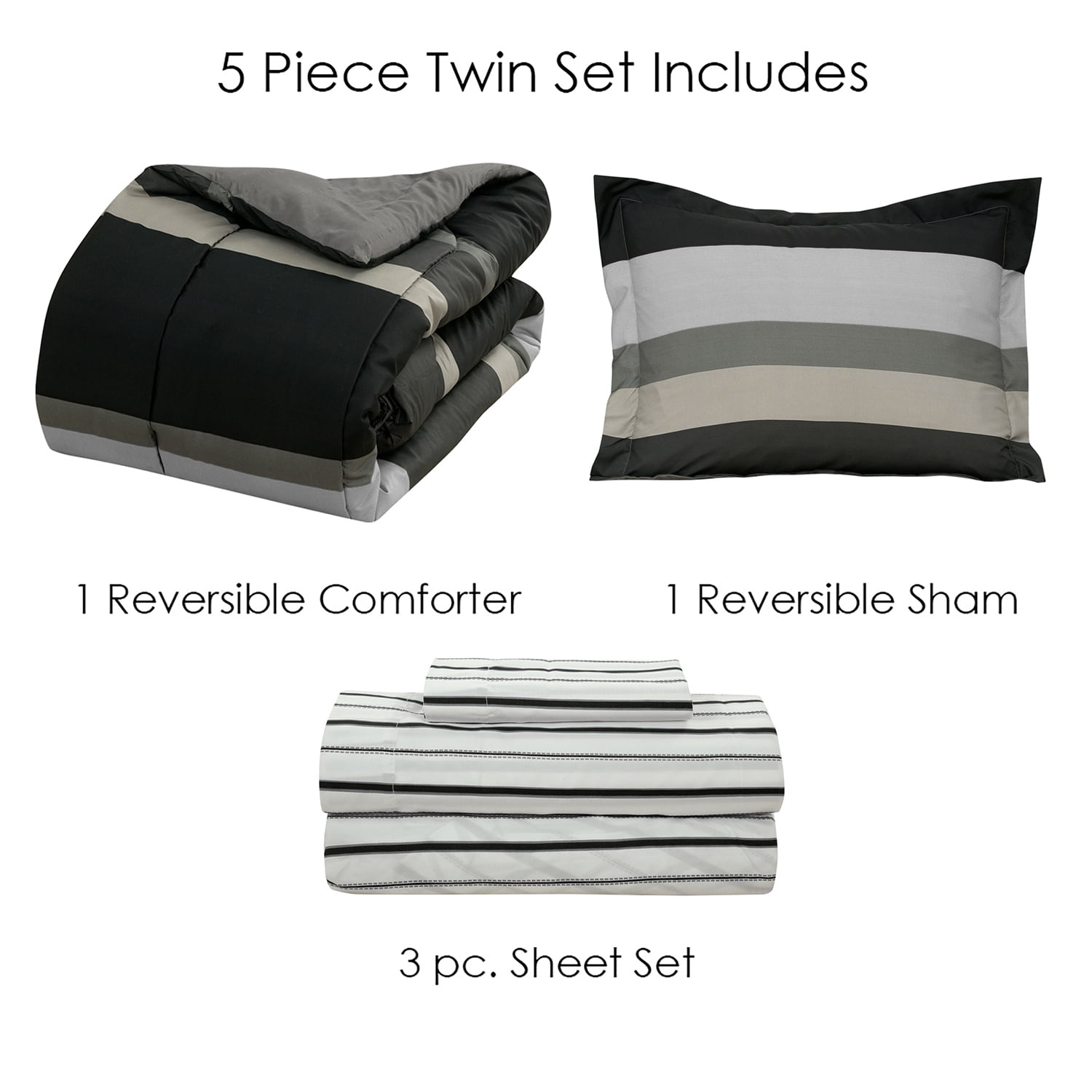 Rugby Stripe Bed-in-a-Bag Set - Grey - Twin