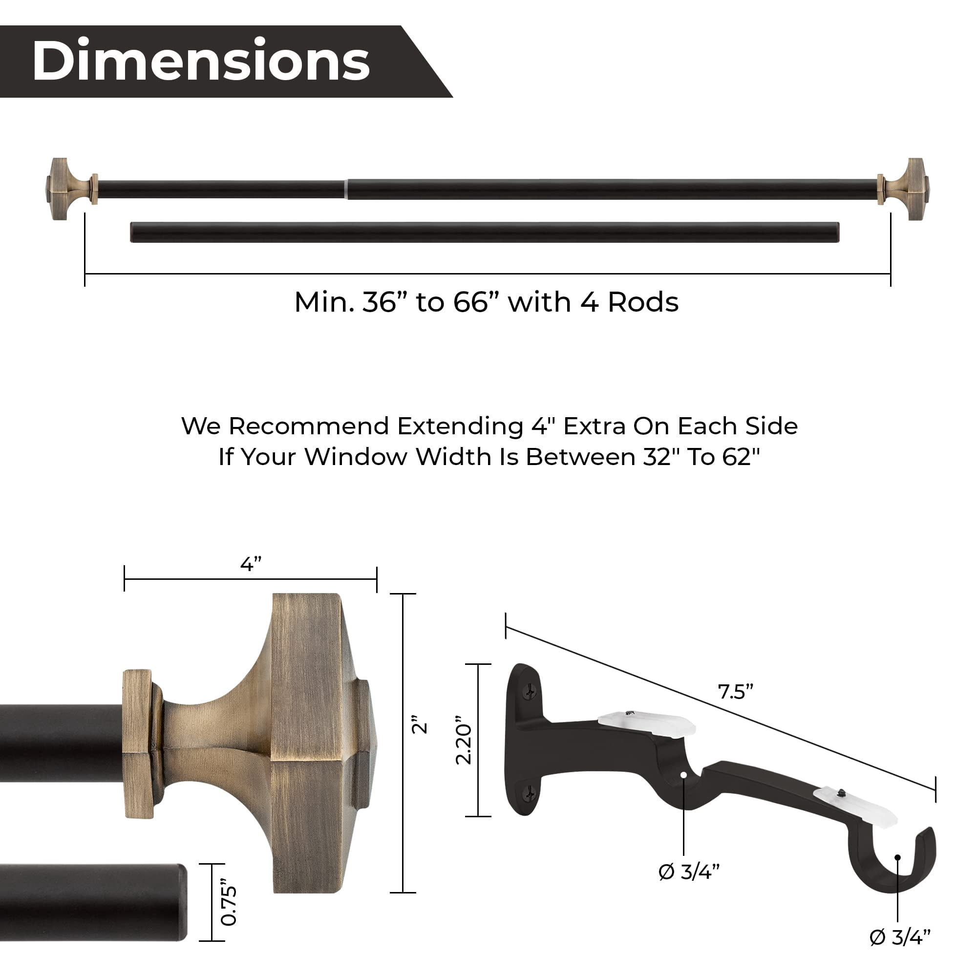Deco Window 36 to 66 inches Extendable Double Curtain Rod for Door with Square Finials (19mm Dia, Antique Brass)