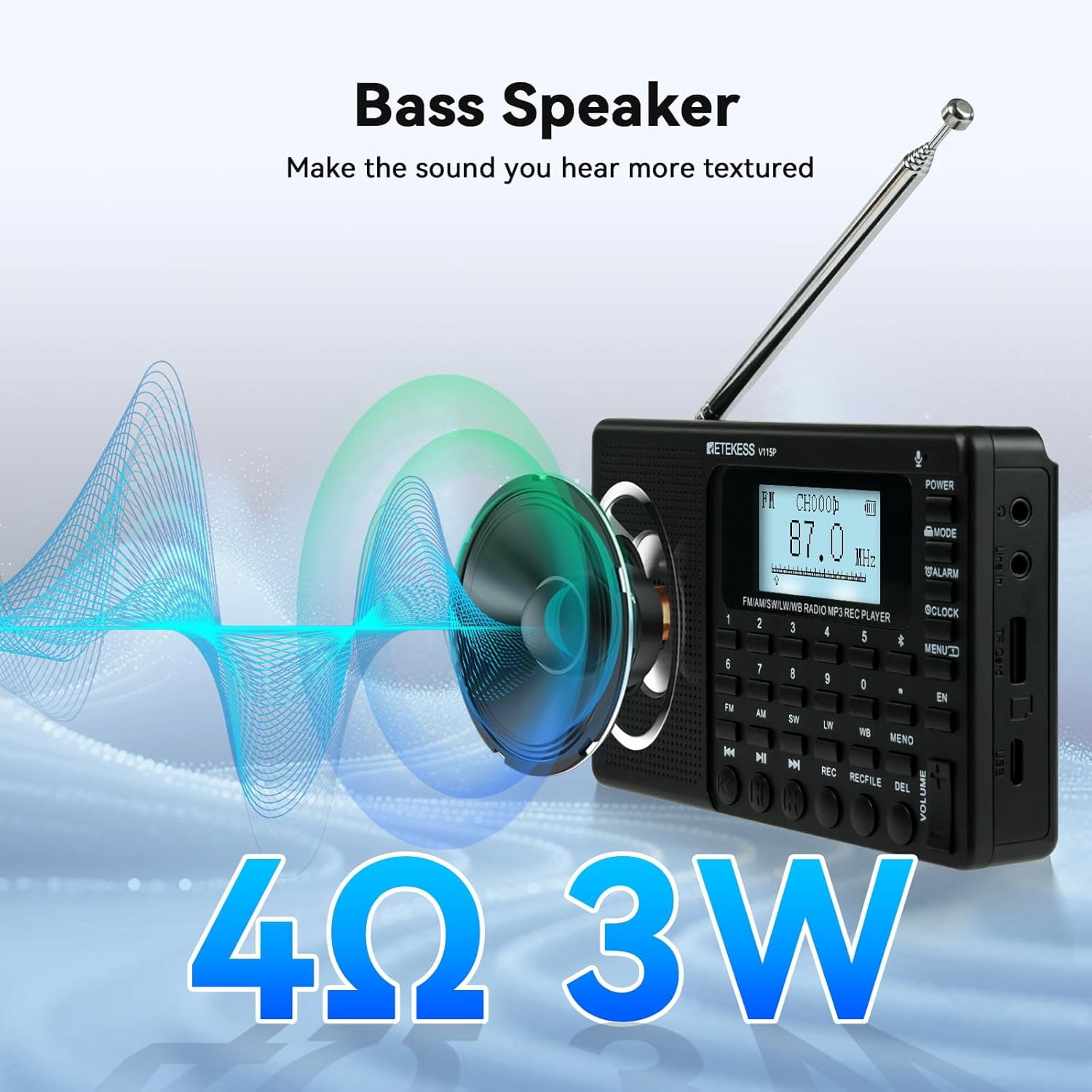 Retekess V115P Emergency radio with NOAA,Rechargeable AM FM SW WB Radio,Wireless Connection,1800mAh Battery,Digital Tuner,TF/AUX,Recording,Flashlight,Sleep Timer,Alarm Clock,for Emergency,Camping