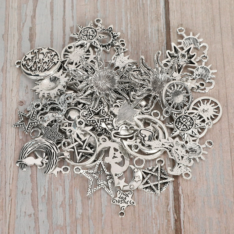 CHICIRIS 70PCS Craft Supplies Mixed Antique Silver Sun Moon Stars Charms  Pendants For Crafting Jewelry Findings For DIY Necklace Bracelet 