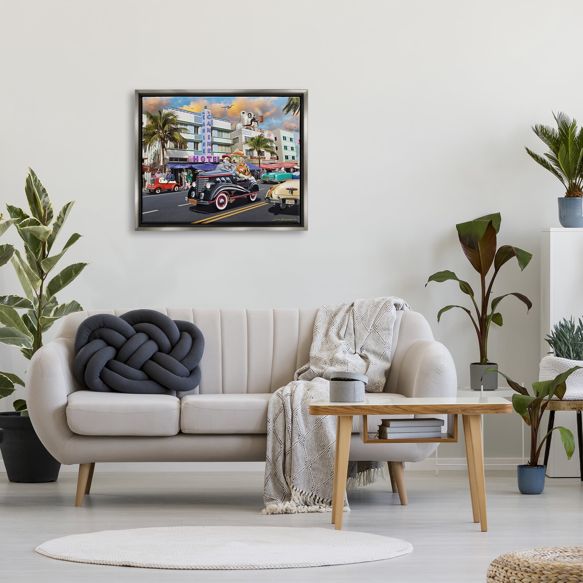 Stupell Industries Dog Days Miami Transportation Painting Gray Floater Framed Canvas Art Print Wall Art, 31 x 25