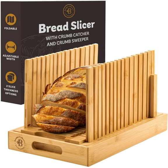 Bread Slicer for Homemade Bread - Adjustable Loaf Width Bread Cutter with Foldable Slicing Guide and Crumb Tray - Wooden Bread Cutting Board for Loaf, Cake, Bagels, Artisan Bread - Gift for Bakers